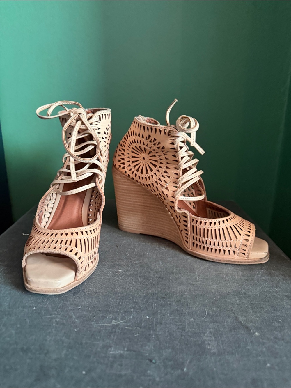 Jeffrey Campbell Tan Laser-Cut Lace-Up Wedge Sandals
